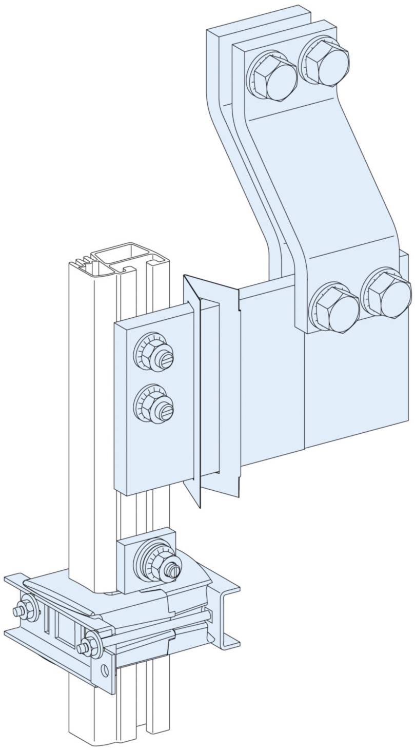 Explosionszeichnung einer Befestigungsklemme aus Metall an einem rechteckigen Profil mit Schrauben und Bolzen, zeigt Konstruktionsdetails.