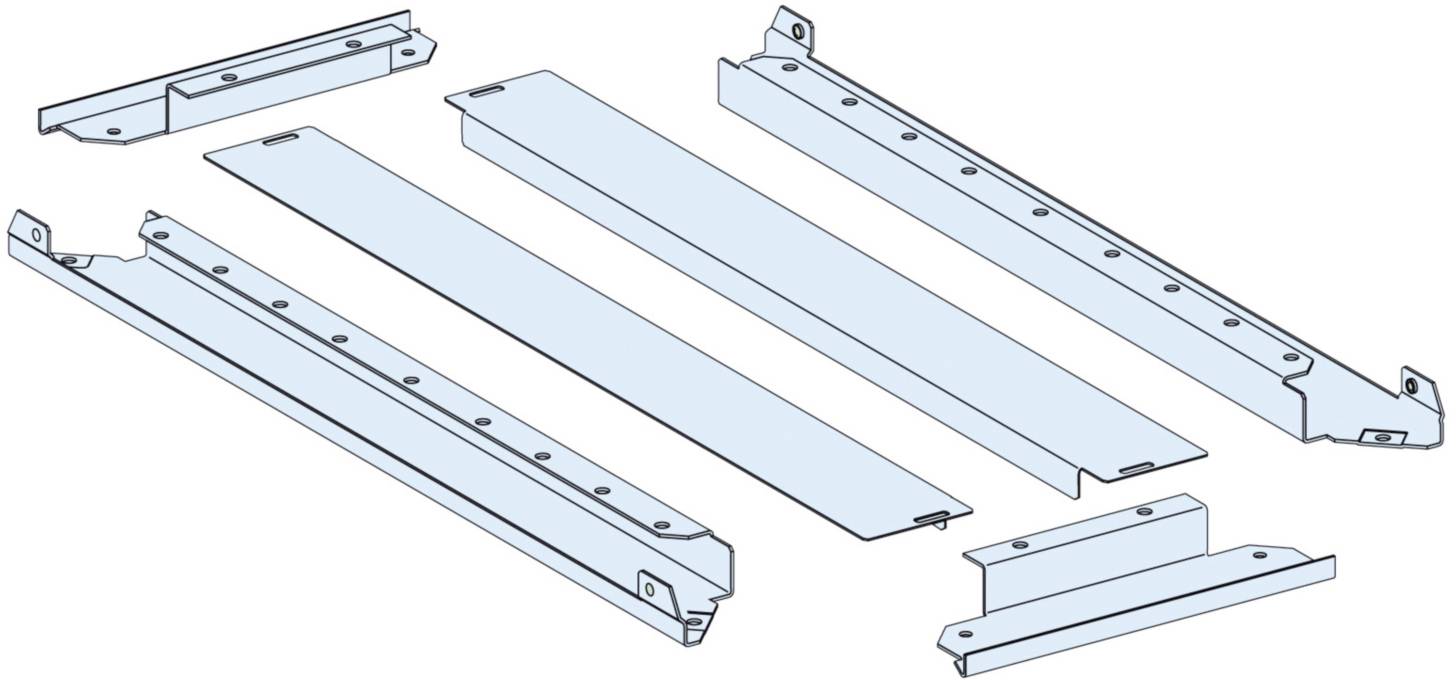Metallplatten und Halterungen in variierenden Größen für den Zusammenbau eines Regals oder Schranks, auf weißem Hintergrund.