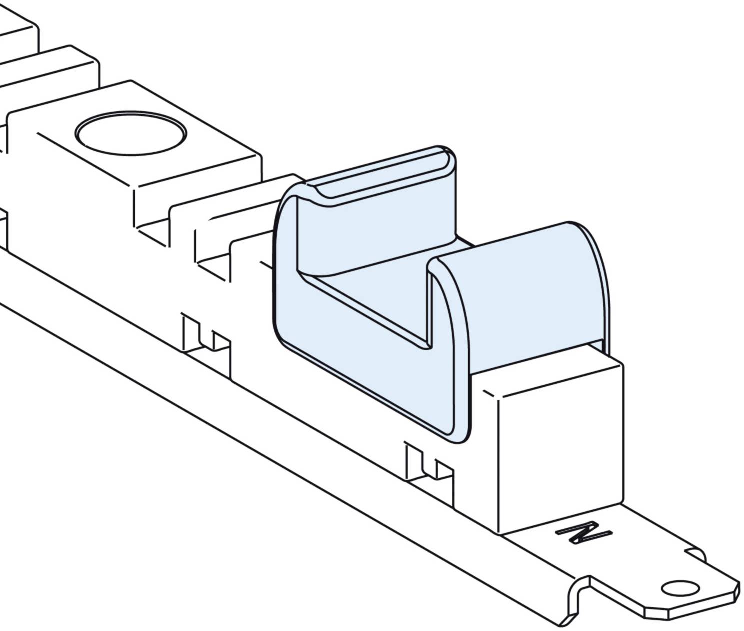 Diagramm eines blauen Kunststoffclips, der an einer weißen Schiene befestigt ist. Der Clip ist U-förmig und dient zur Kabelverwaltung.