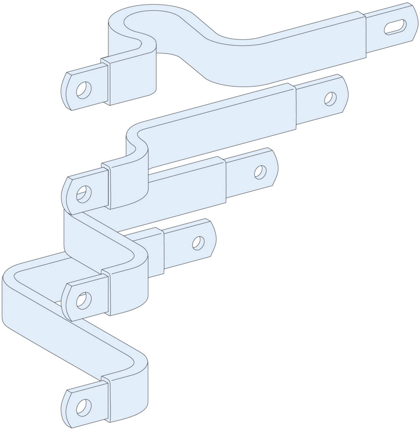 Drei blaue Metallstreben mit Löchern, die um 90 Grad versetzt übereinander angeordnet sind. Sie bilden eine abgestufte, geschwungene Form.