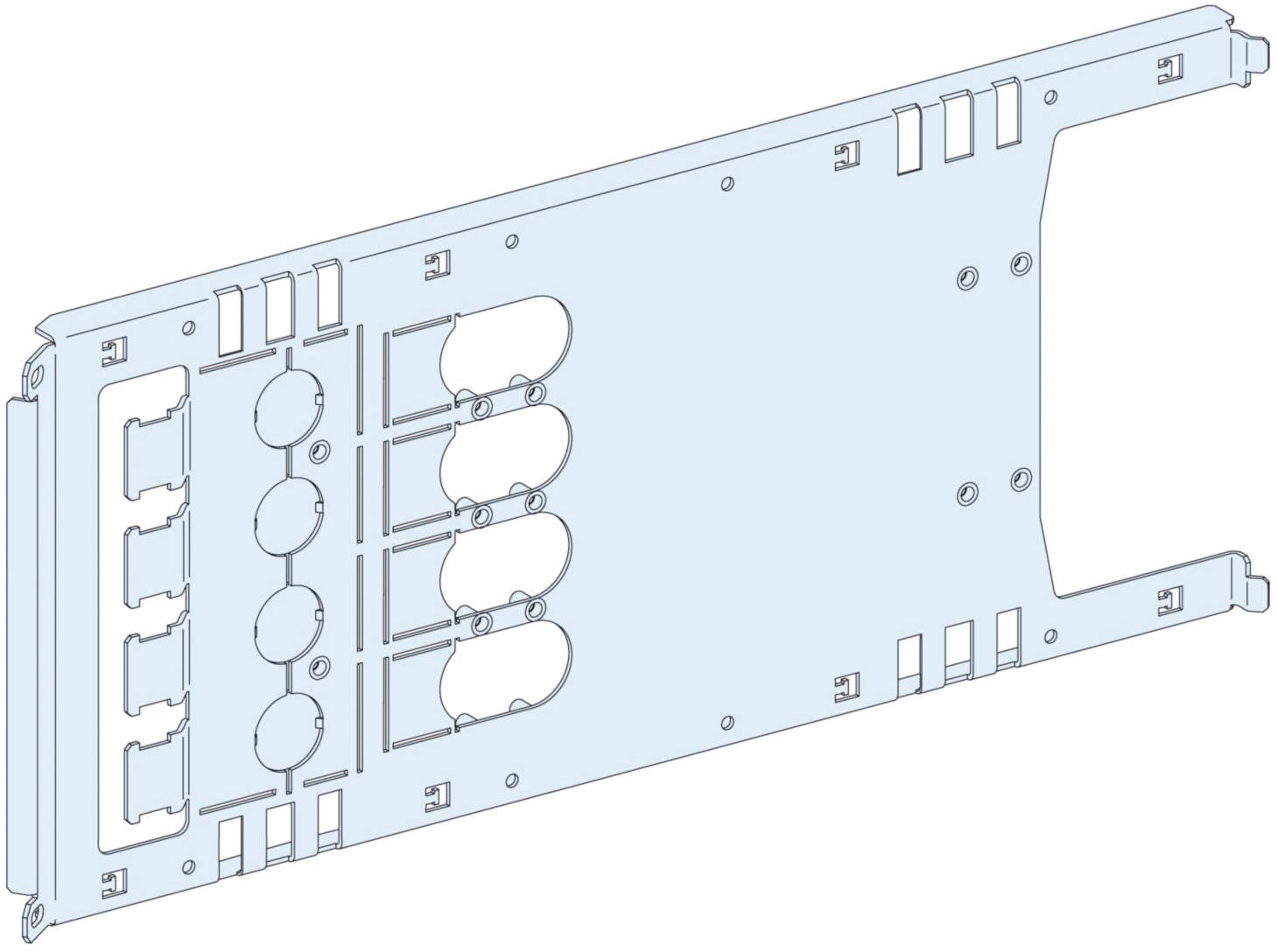Metallplatte mit mehreren ovalen Öffnungen und rechteckigen Ausschnitten, vermutlich Teil einer technischen oder industriellen Struktur.