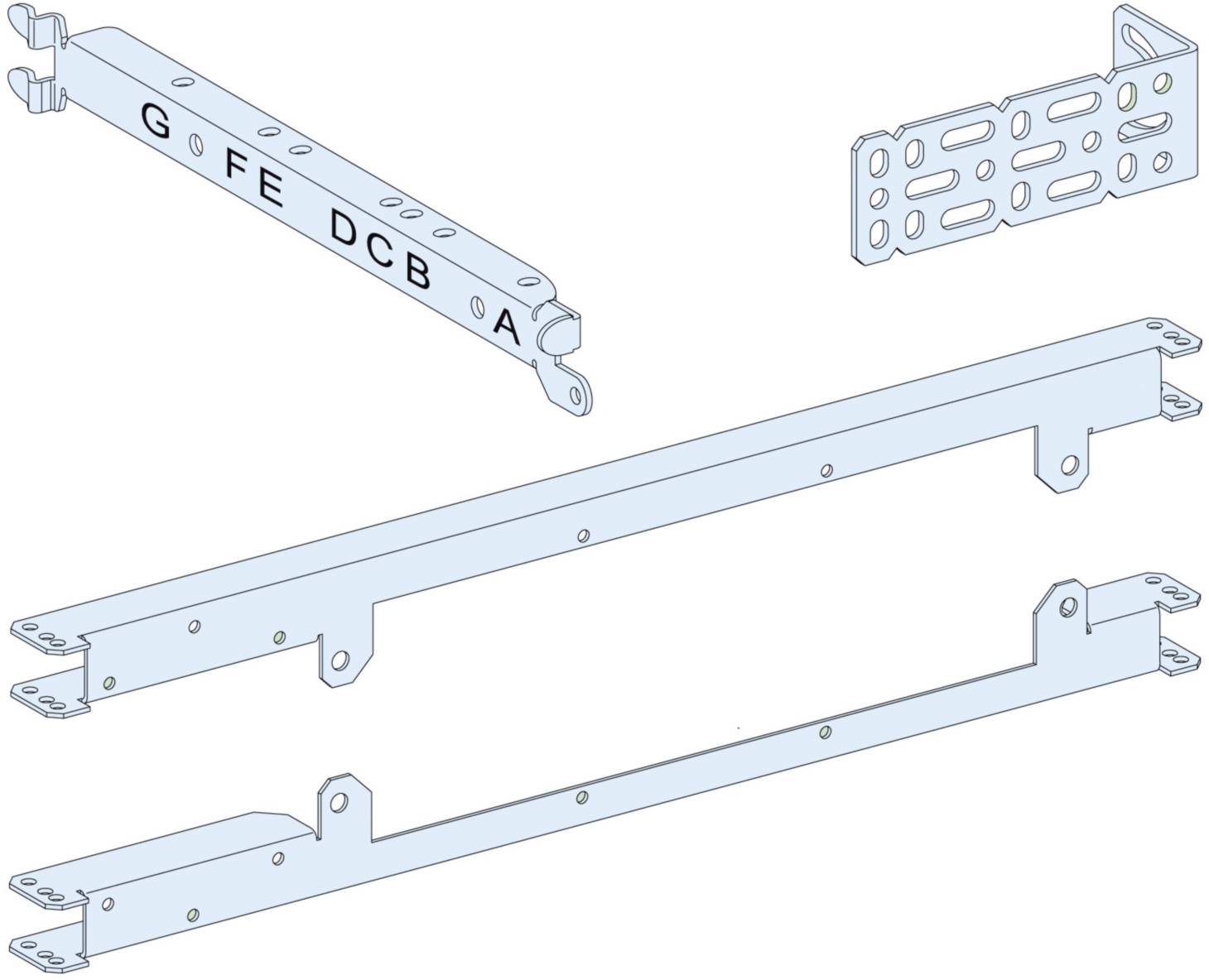 Metallstruktur mit Buchstaben gekennzeichnet. Zeigt drei verschiedene Ansichten eines mechanischen Teils mit Montagelöchern.