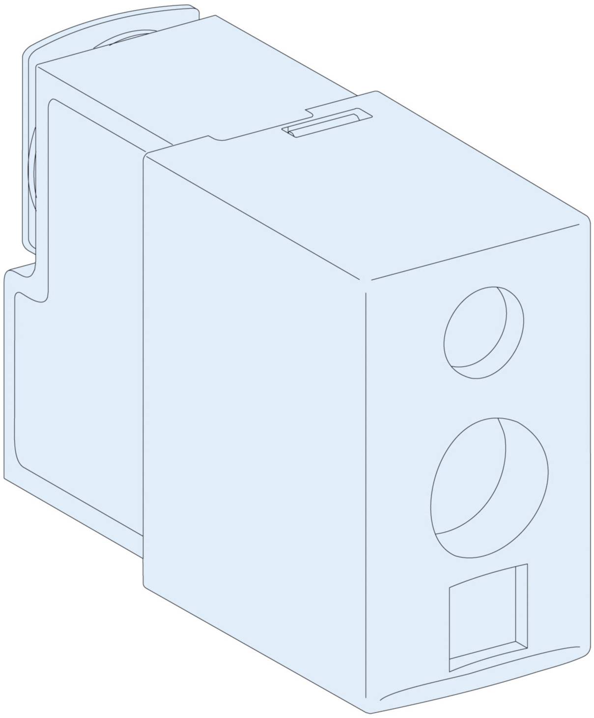 Ein technisches Diagramm einer elektrischen Steckdosenkomponente, das die äußere Struktur mit Anschlüssen und Öffnungen zeigt.