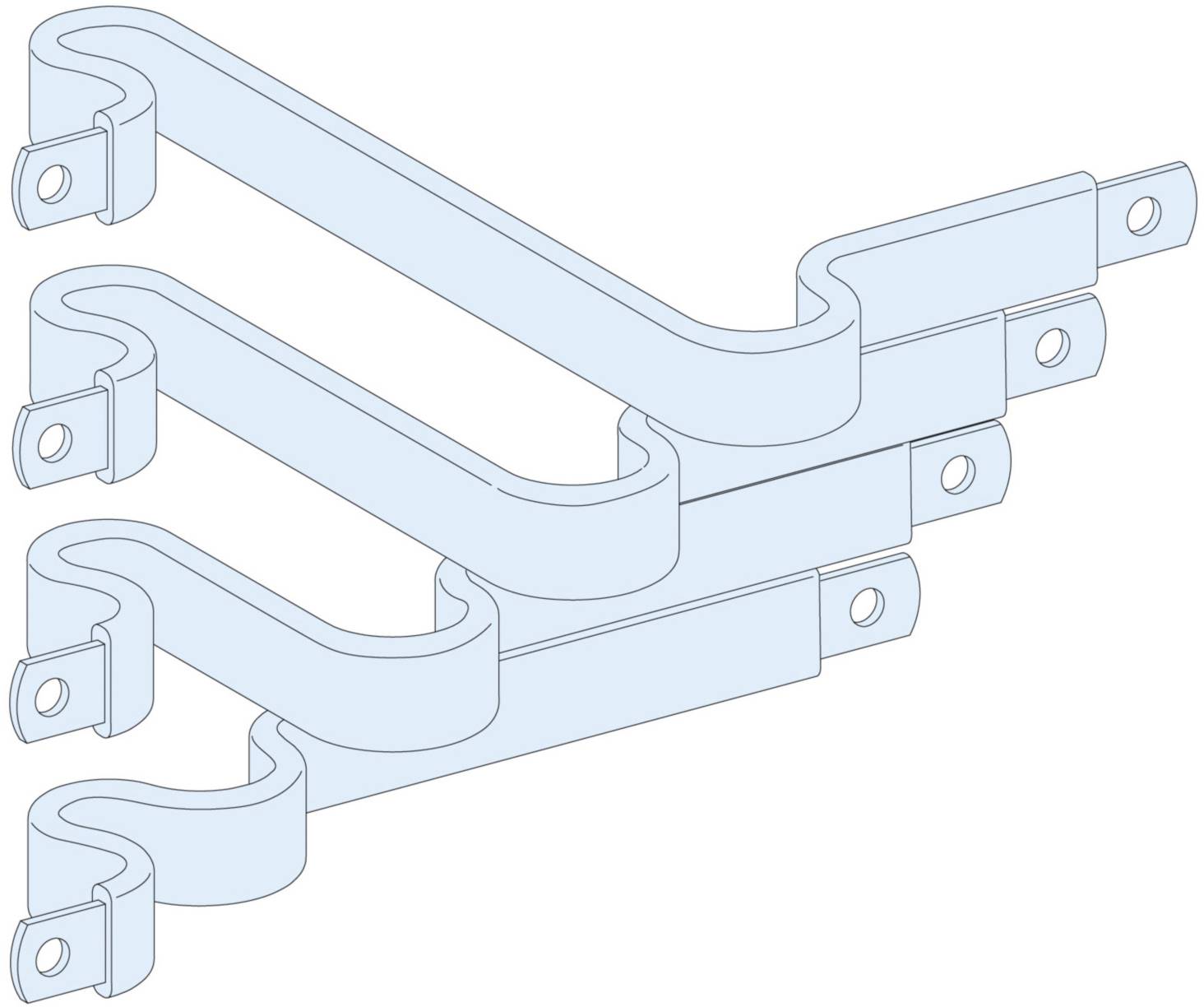 Vier übereinander gestapelte Metallklammern in seitlicher Anordnung; sie sind blau gefärbt und dienen der Befestigung.