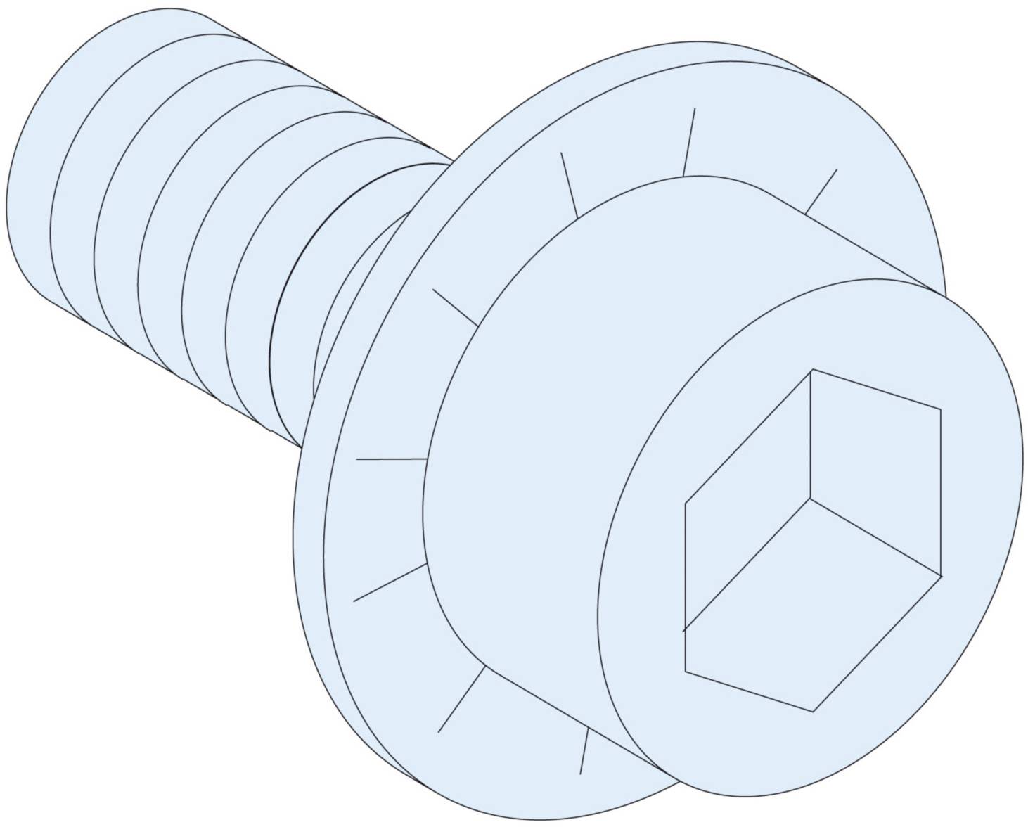Eine Schraube mit sechseckigem Kopf und Flansch, gezeigt in isometrischer Ansicht. Schraubengewinde sichtbar.