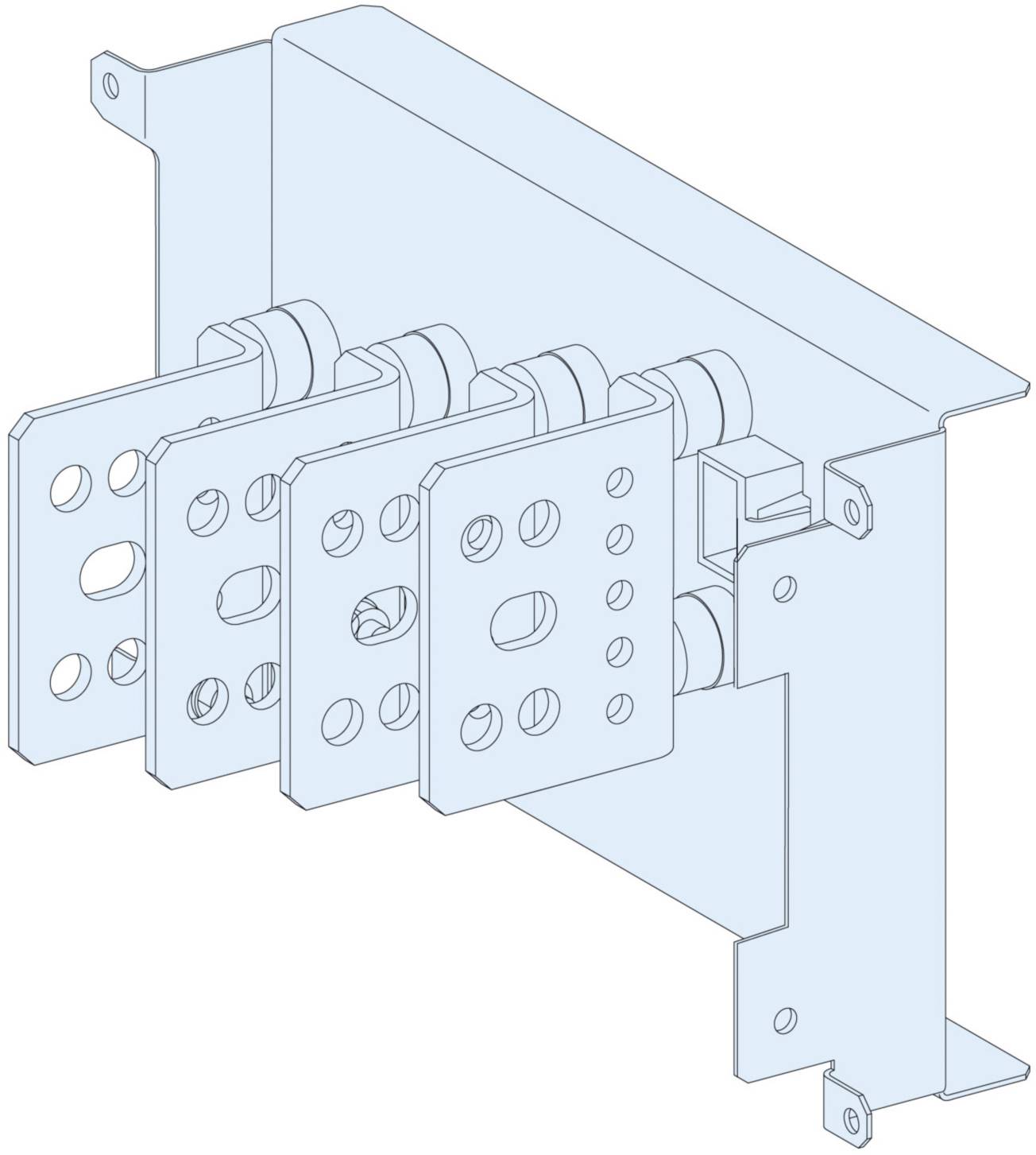 Technische Zeichnung eines mechanischen Bauteils mit mehreren Platten und Gitterstrukturen. Geeignet für Maschinenbauanwendungen.