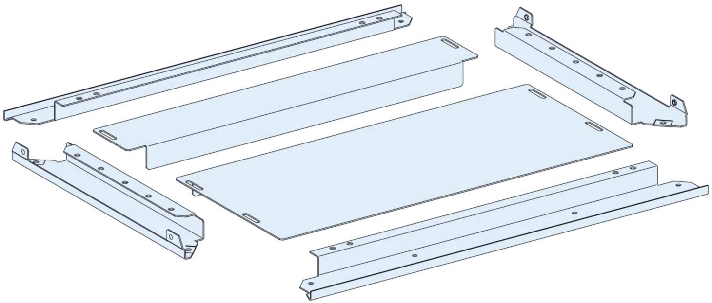 Fünf Metallteile in unterschiedlichen Formen, die zusammengebaut einen Rahmen bilden könnten. Sie sind flach und haben vorgebohrte Löcher.