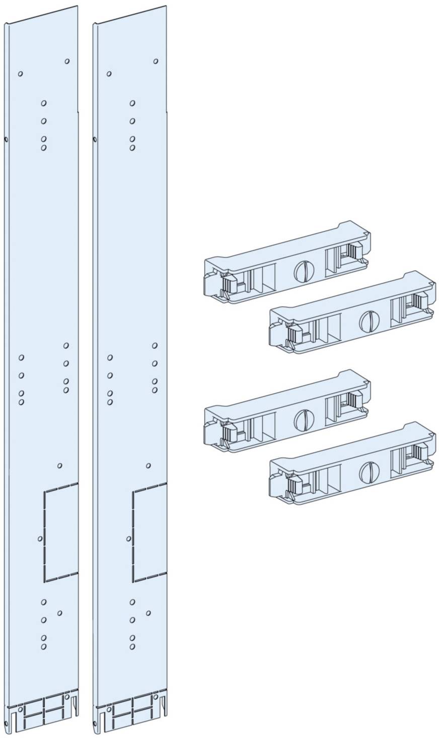 Zwei lange, schmale Metallplatten mit mehreren Bohrlöchern, kombiniert mit vier kleineren Halterungen mit kreisförmigen Öffnungen.