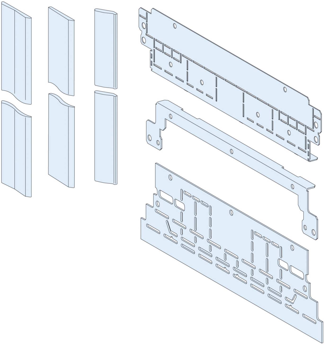 Zerlegte technische Zeichnung einer Maschinenteilkonstruktion mit mehreren rechteckigen und komplexeren, perforierten Bauteilen.