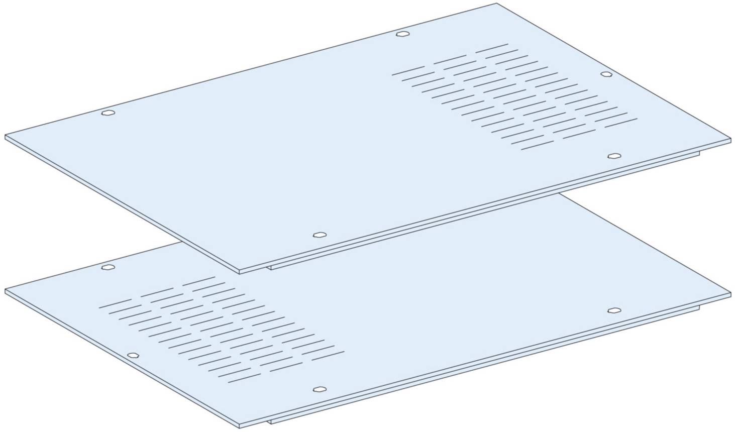 Zwei übereinanderliegende blaue Metallplatten mit Lüftungsschlitzen und Schraubenlöchern an den Ecken.