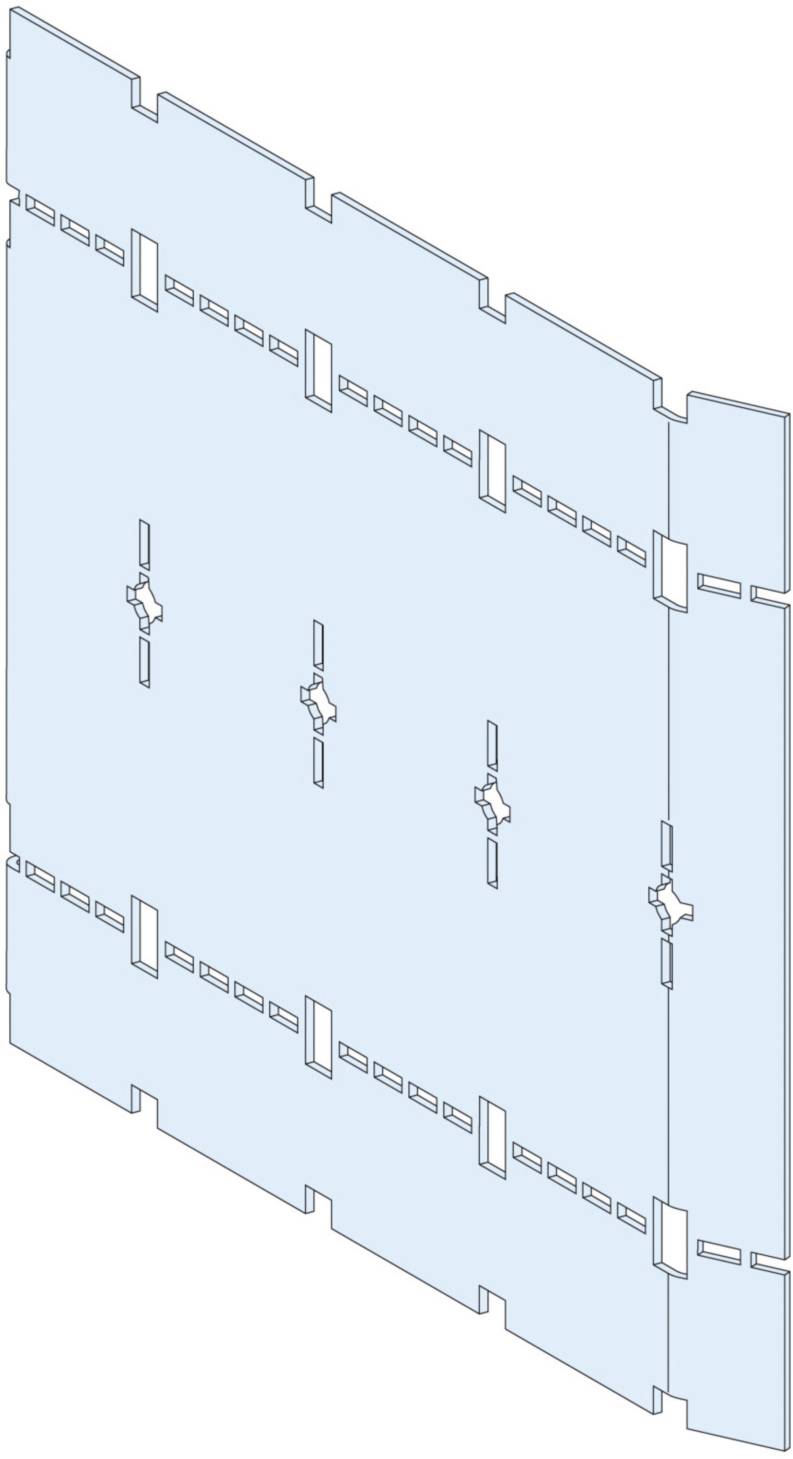 Technische Zeichnung eines Bauteils mit Steckverbindungen und Ausstanzungen, vermutlich für den modularen Aufbau eines größeren Systems.