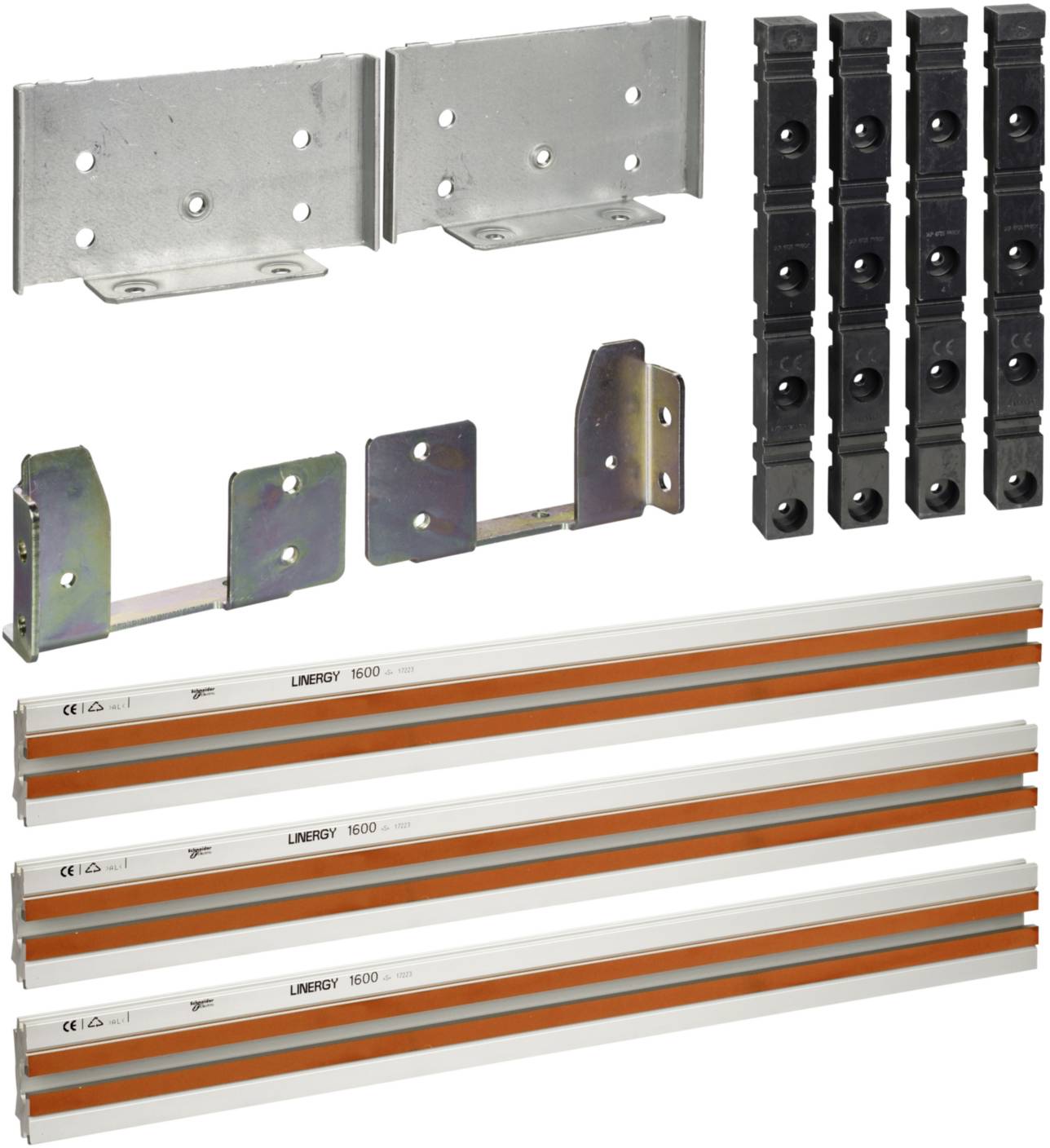 Montagezubehör-Set für elektrische Schienen, beinhaltet Metallhalterungen, schwarze Kunststoffeinsätze und orange-weiße Abdeckungen.