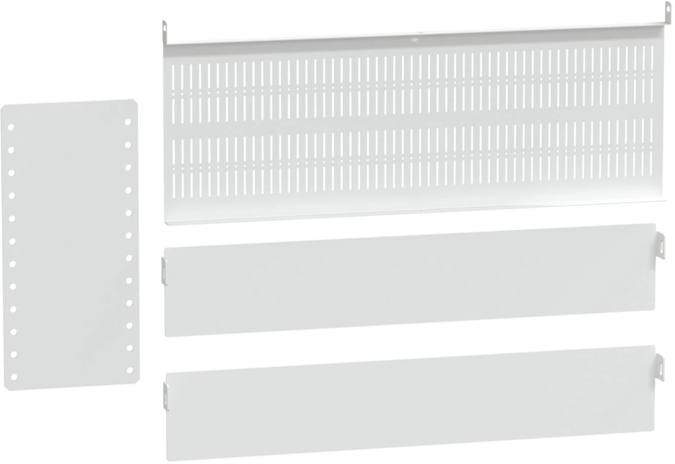 Vier weiße Metallplatten unterschiedlicher Größe mit Löchern und Öffnungen, möglicherweise für industrielle oder elektronische Anwendungen.