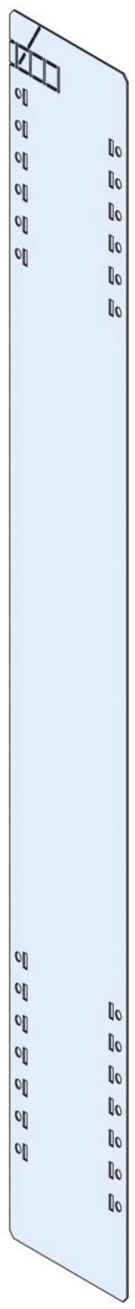 Eine schmale, vertikale blaue Leiste mit kleinen, schwarzen Rechtecken und Quadraten an den Kanten, symmetrisch oben und unten.