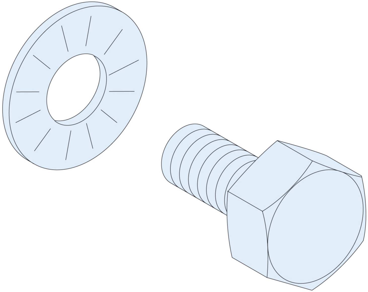 Eine Schraube und eine Zahnscheibe in einer technischen Zeichnung, die zeigt, wie die Teile zusammenpassen können.