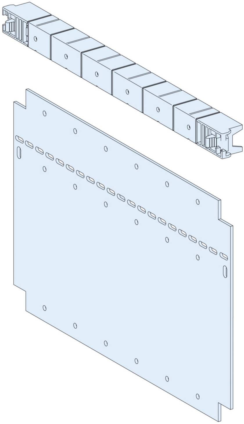 Ein blaues technisches Diagramm zeigt eine Hauptplatte mit mehreren Befestigungspunkten und darüber eine schmale, segmentierte Komponente.