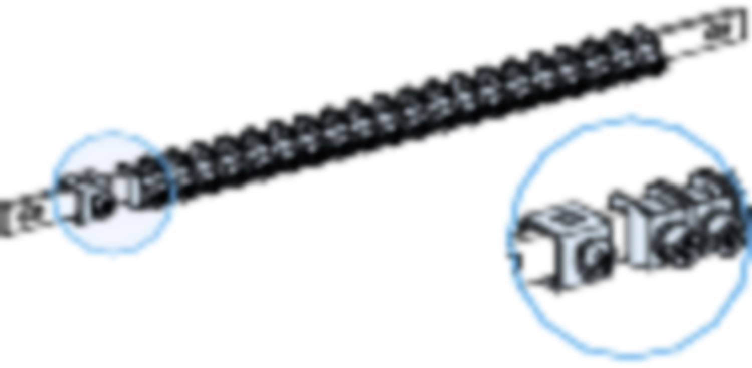 Eine vergrößerte Darstellung eines Schraubengewindes mit detaillierter Ansicht der Endkappen. Links und rechts befinden sich Befestigungselemente.