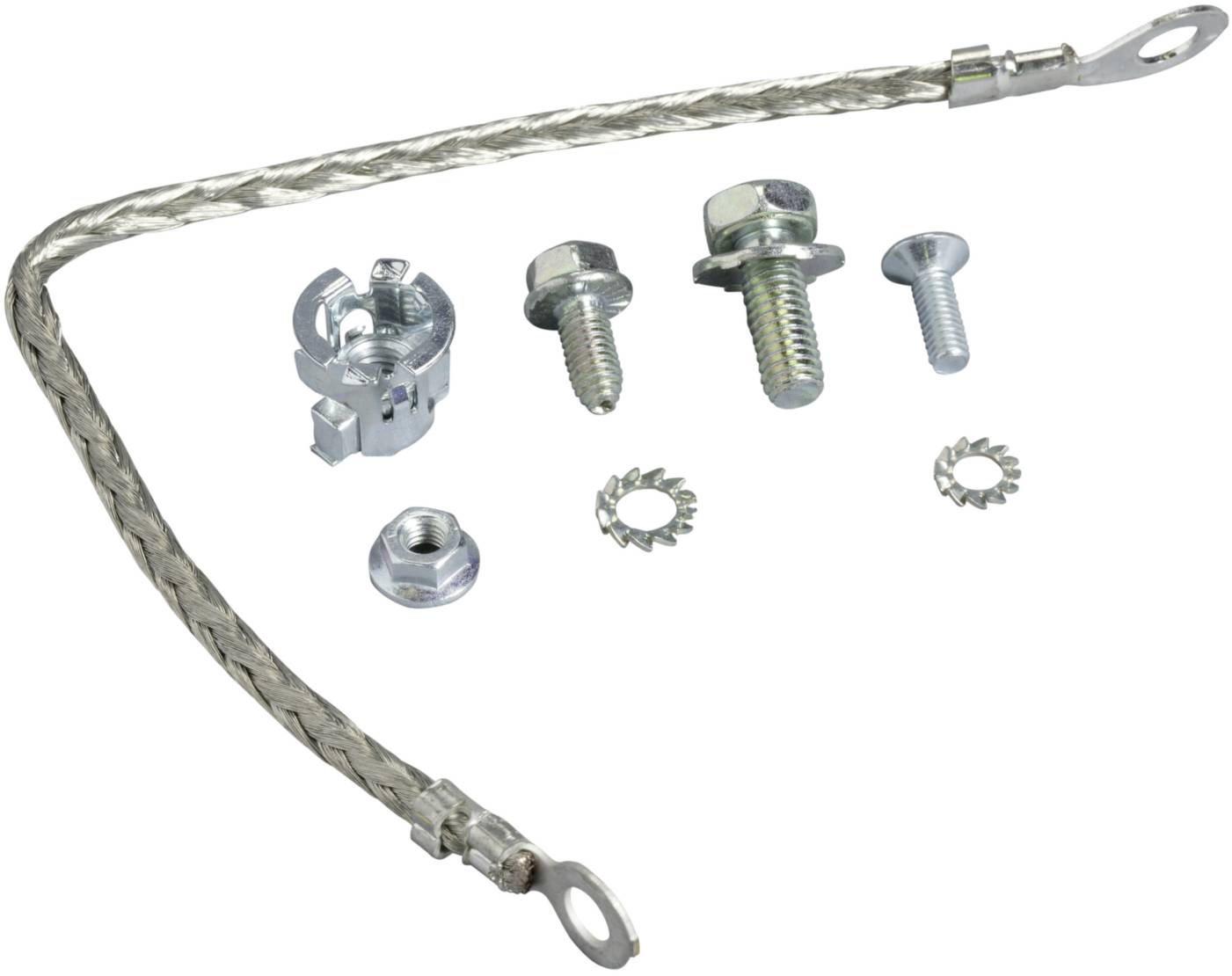 Ein Erdungskabelsatz mit vier Schrauben, zwei Unterlegscheiben und einer Mutter, geeignet für elektrische Verbindungen.