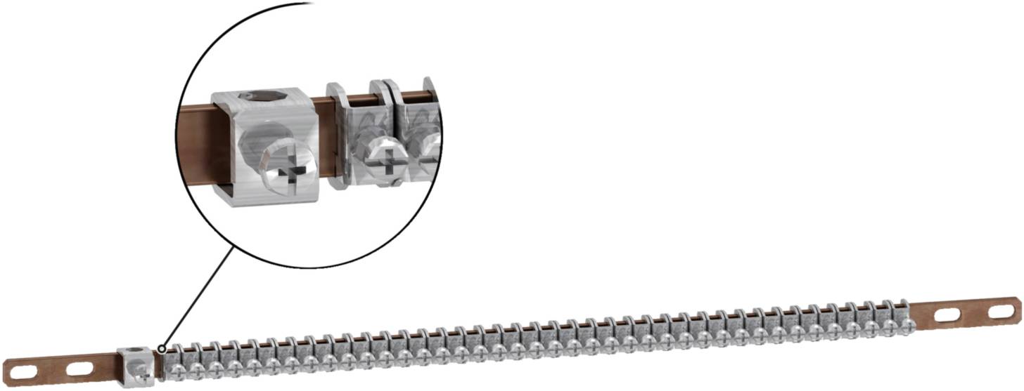 Metallschiene mit mehreren Schraubklemmen zur Befestigung. Vergrößerter Ausschnitt zeigt eine einzelne Klemme mit Schraube.