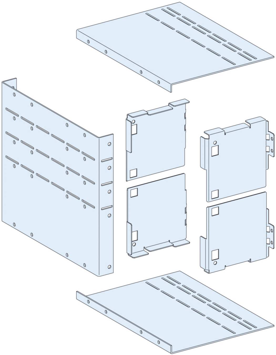 Explosionszeichnung eines rechteckigen Metallgehäuses mit mehreren abnehmbaren Paneelen und Montagelöchern.