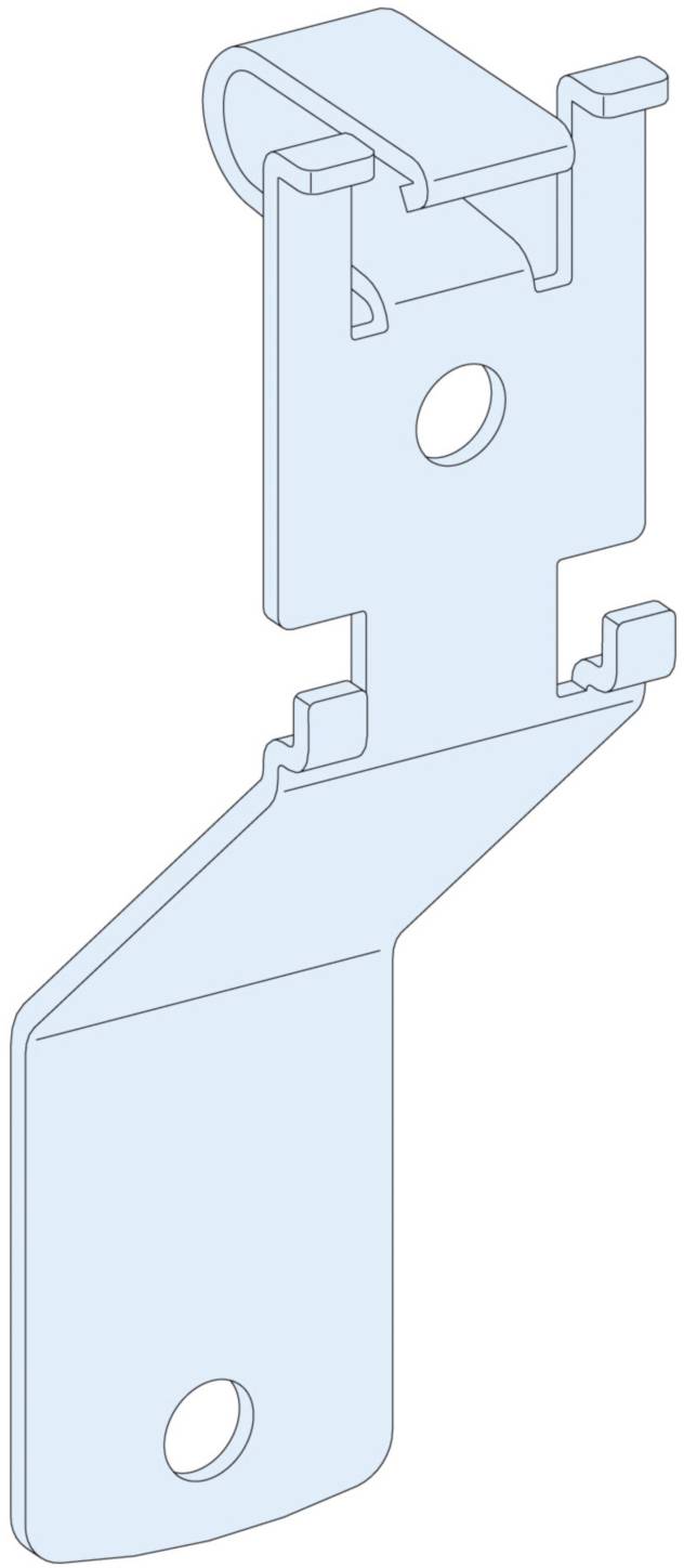 Eine blaue technische Zeichnung einer Metallbefestigung mit zwei Befestigungslöchern, einem Haken oben und einem abgewinkelten Arm unten.