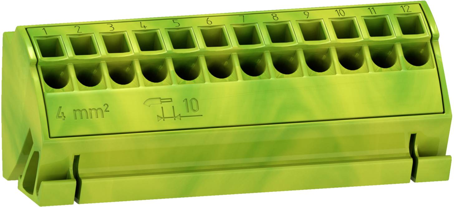 Klemmenleiste mit zwölf Löchern, grün-gelb markiert, mit Aufschrift '4 mm²'. Nummerierung von 1 bis 12 oben sichtbar.