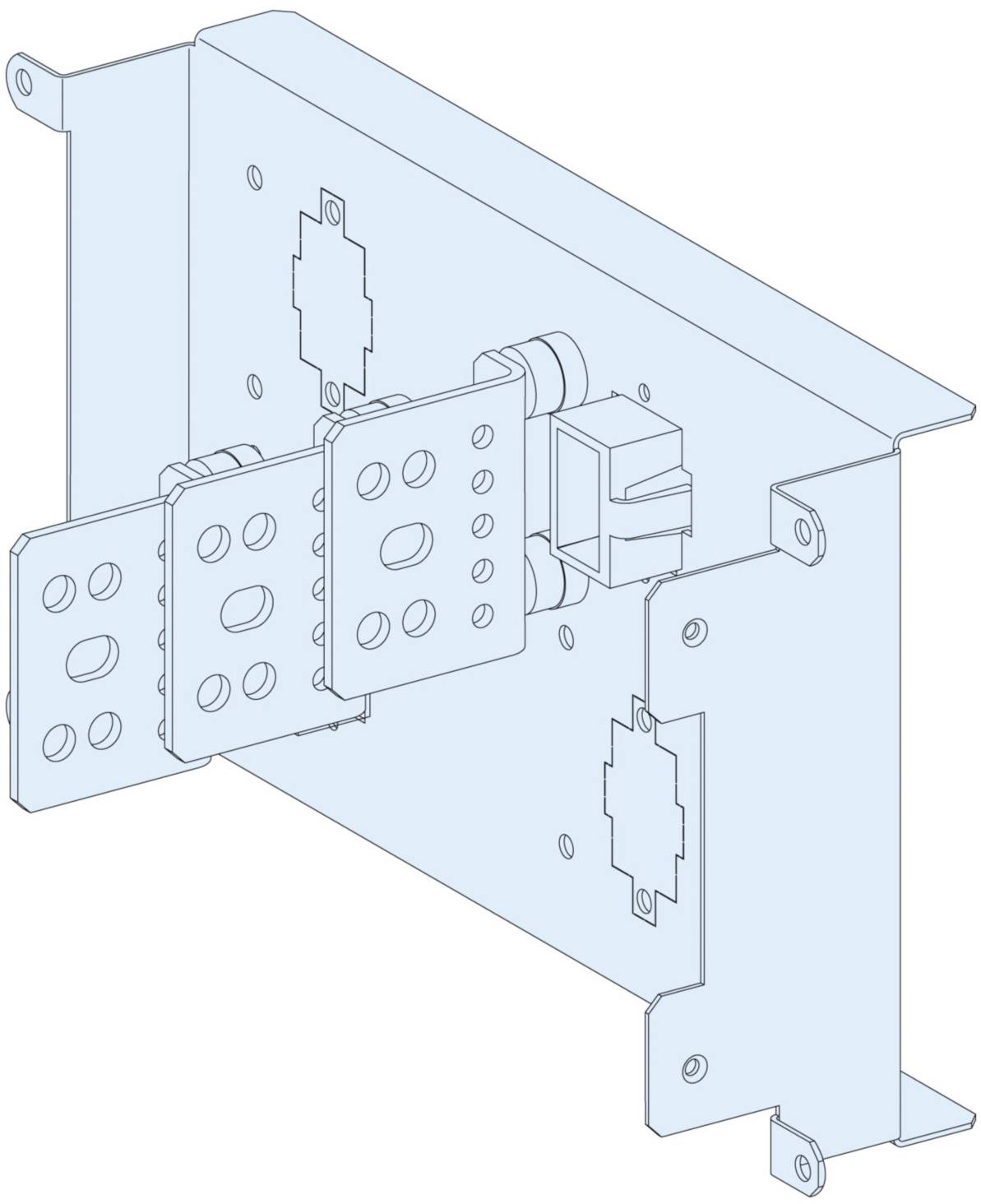 Metallische Halterung mit mehreren Steckplätzen für elektronische Komponenten, perspektivisch dargestellt.