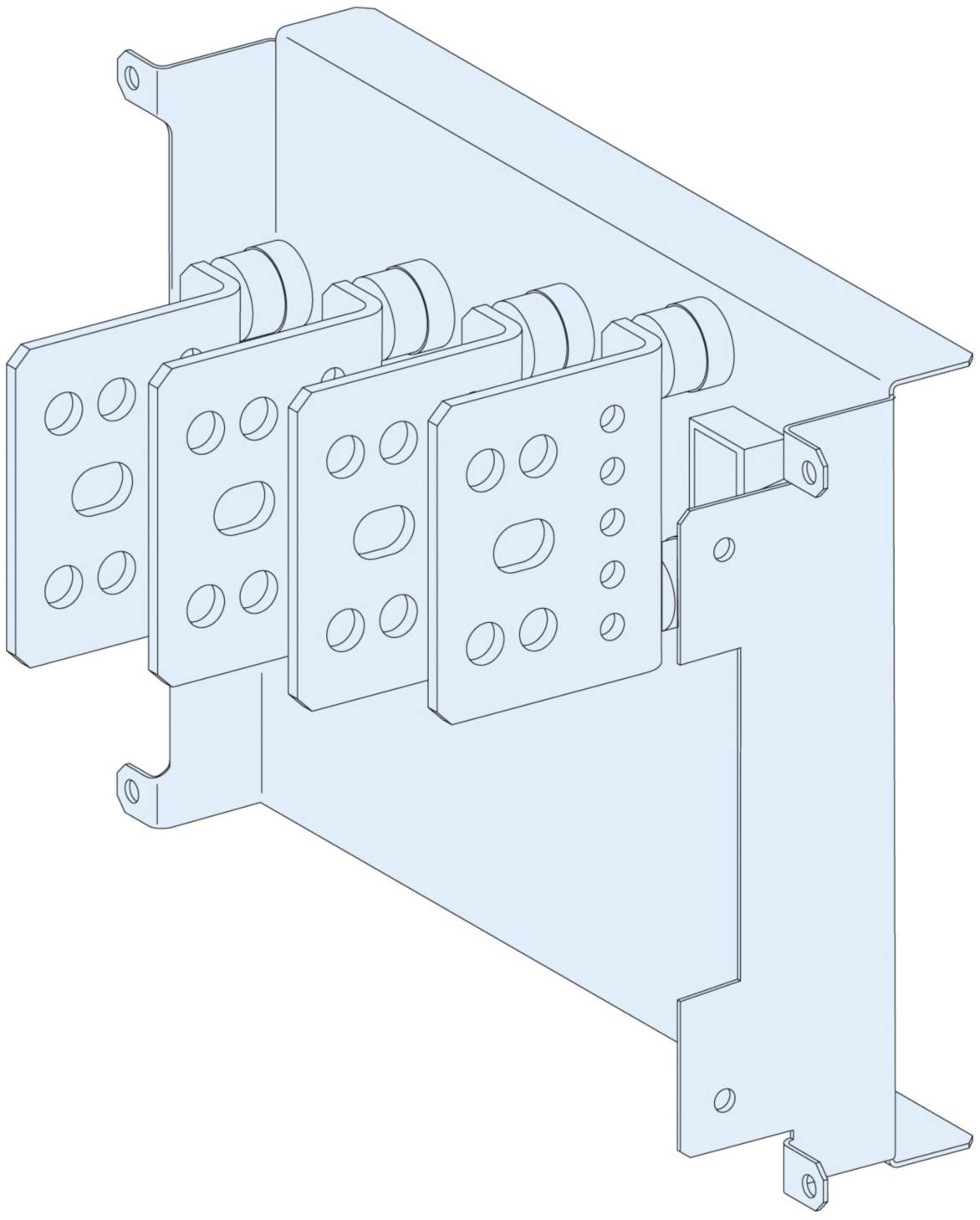Illustration zeigt ein mechanisches Bauteil bestehend aus drei rechteckigen Metallplatten mit runden Aussparungen, montiert an einer Halterung.