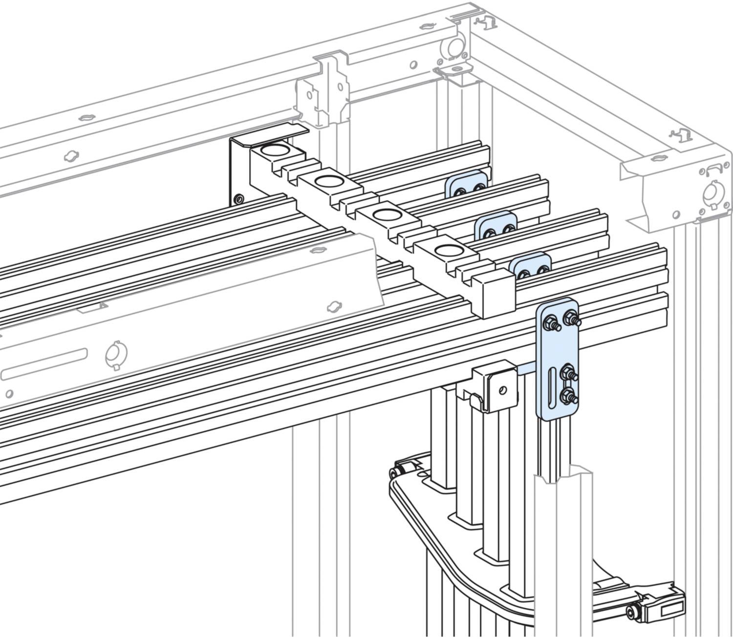 Zeichnung eines Maschinenmoduls mit linearen Schienen und Befestigungselementen, zeigt mechanische Konstruktionsdetails.