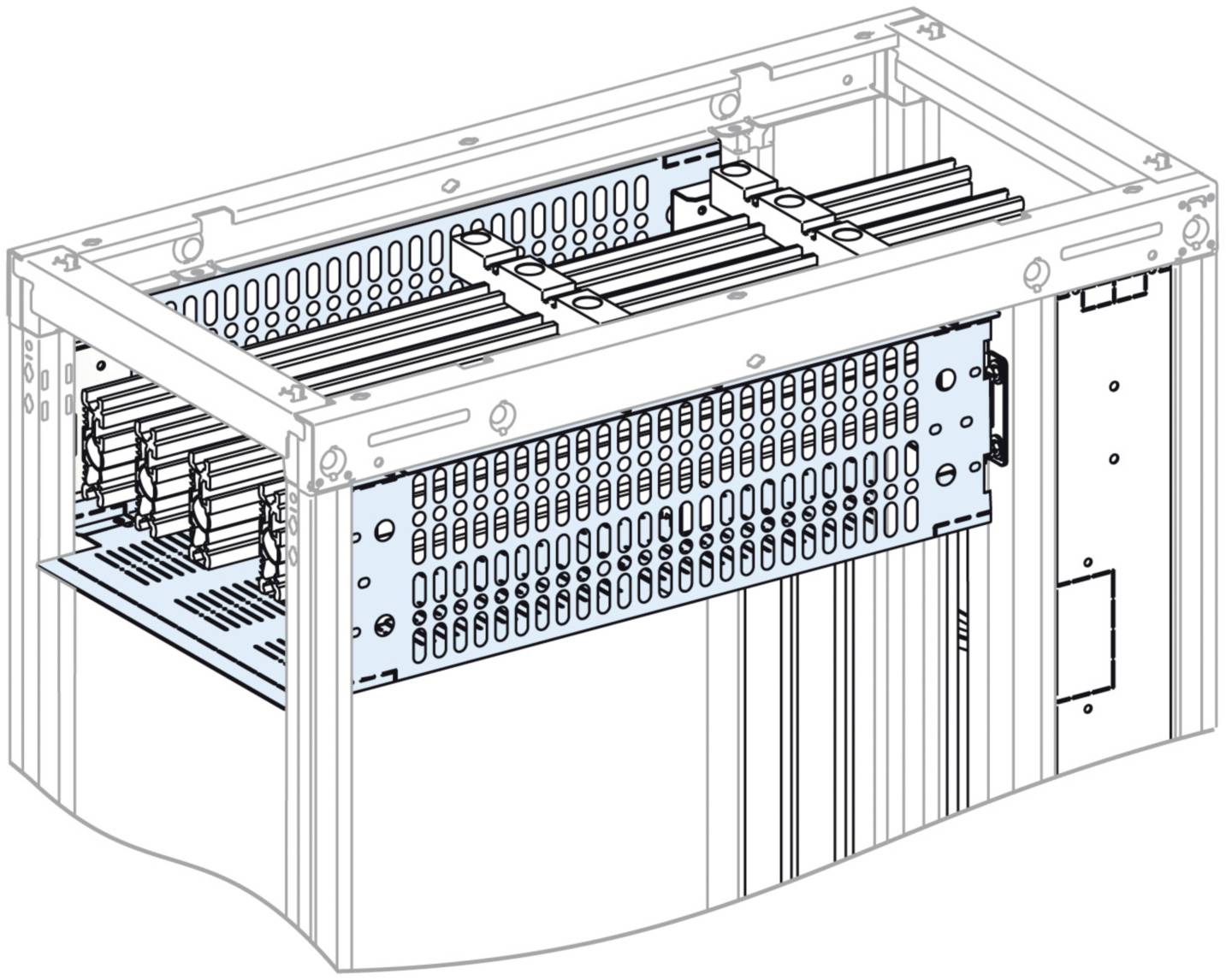 Ein technisches Diagramm eines modularen Rahmens mit mehreren Steckplätzen für elektronische Komponenten, obere Ansicht.