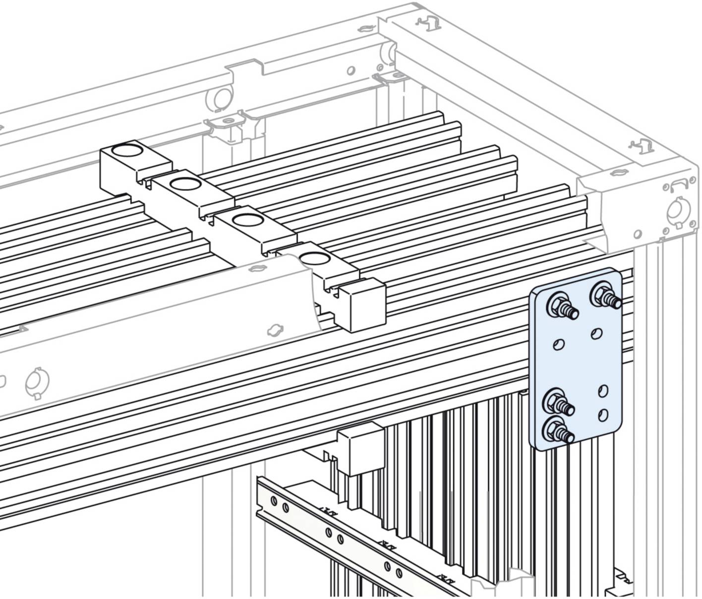 Montage-Diagramm eines Aluminiumrahmens mit einem blauen Montageblech an der Seite, das mit Schrauben befestigt ist.