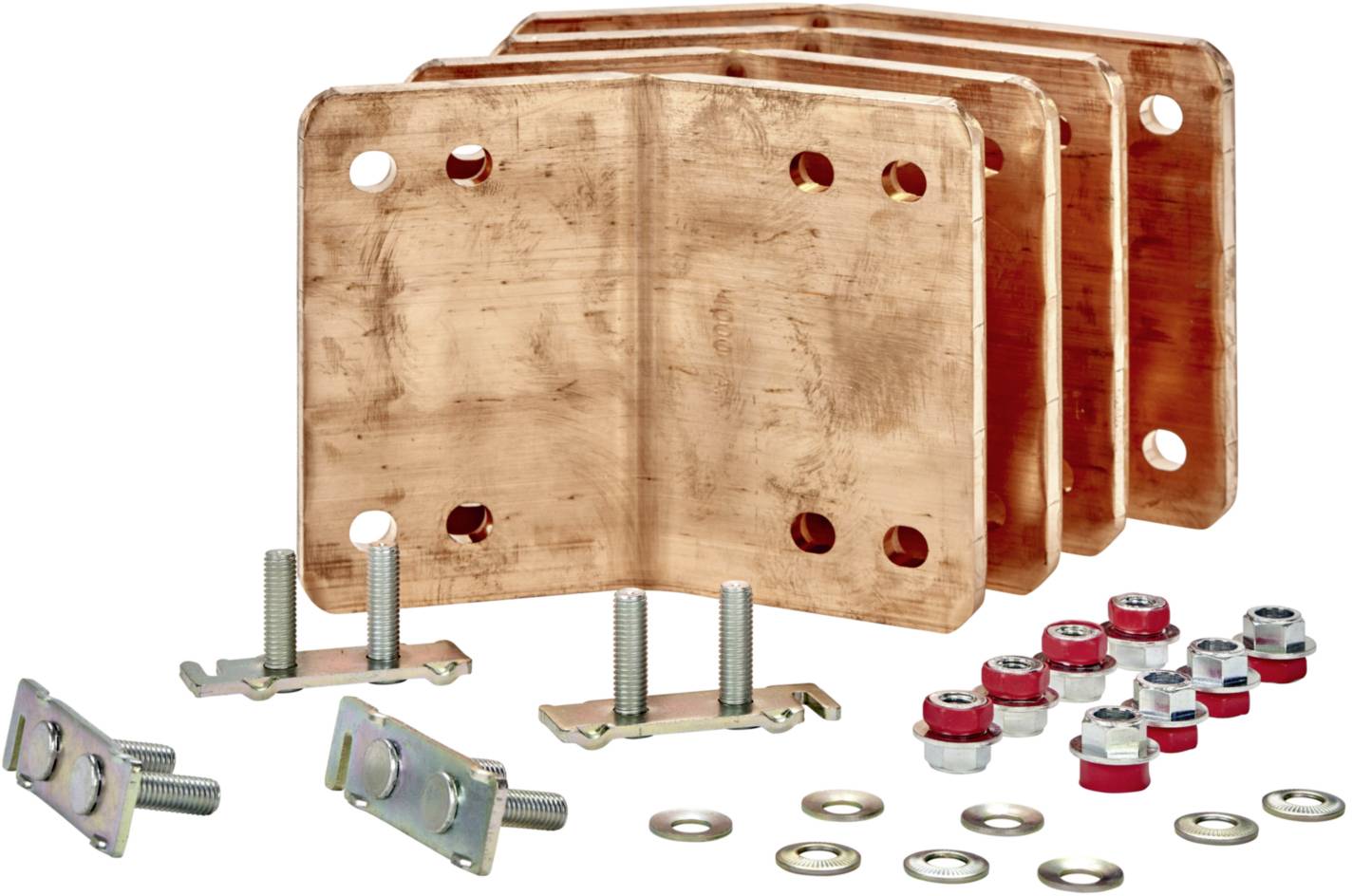 Kupferverbinder-Set mit Metallplättchen, Schrauben, Unterlegscheiben und roten Kabelklemmen, bereit für die elektrische Installation.