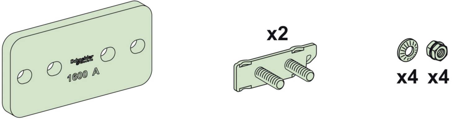 Abbildung zeigt Montage eines elektrischen Anschlusskits mit metallplakette, zwei Anschlussplatten und vier Schrauben mit Muttern.