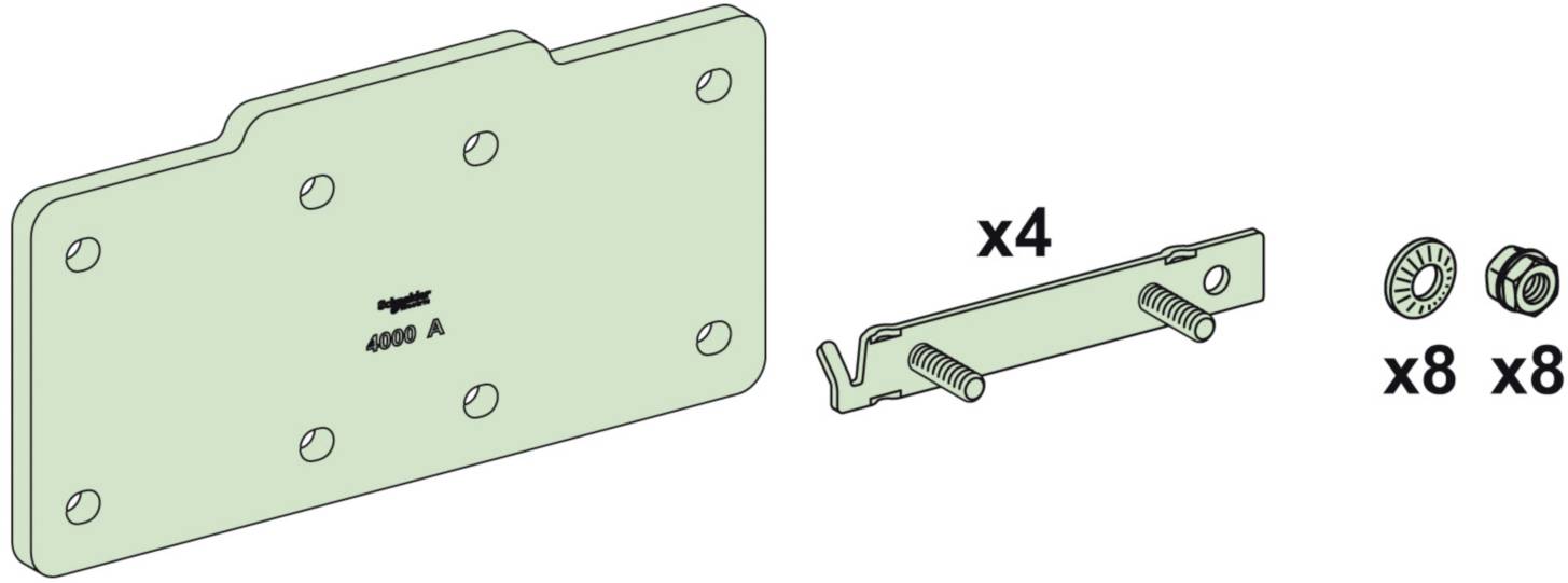 Grüne Montageplatte mit der Aufschrift '4000 A' und acht Löchern, daneben vier Schraubenleisten und jeweils acht Muttern und Unterlegscheiben.
