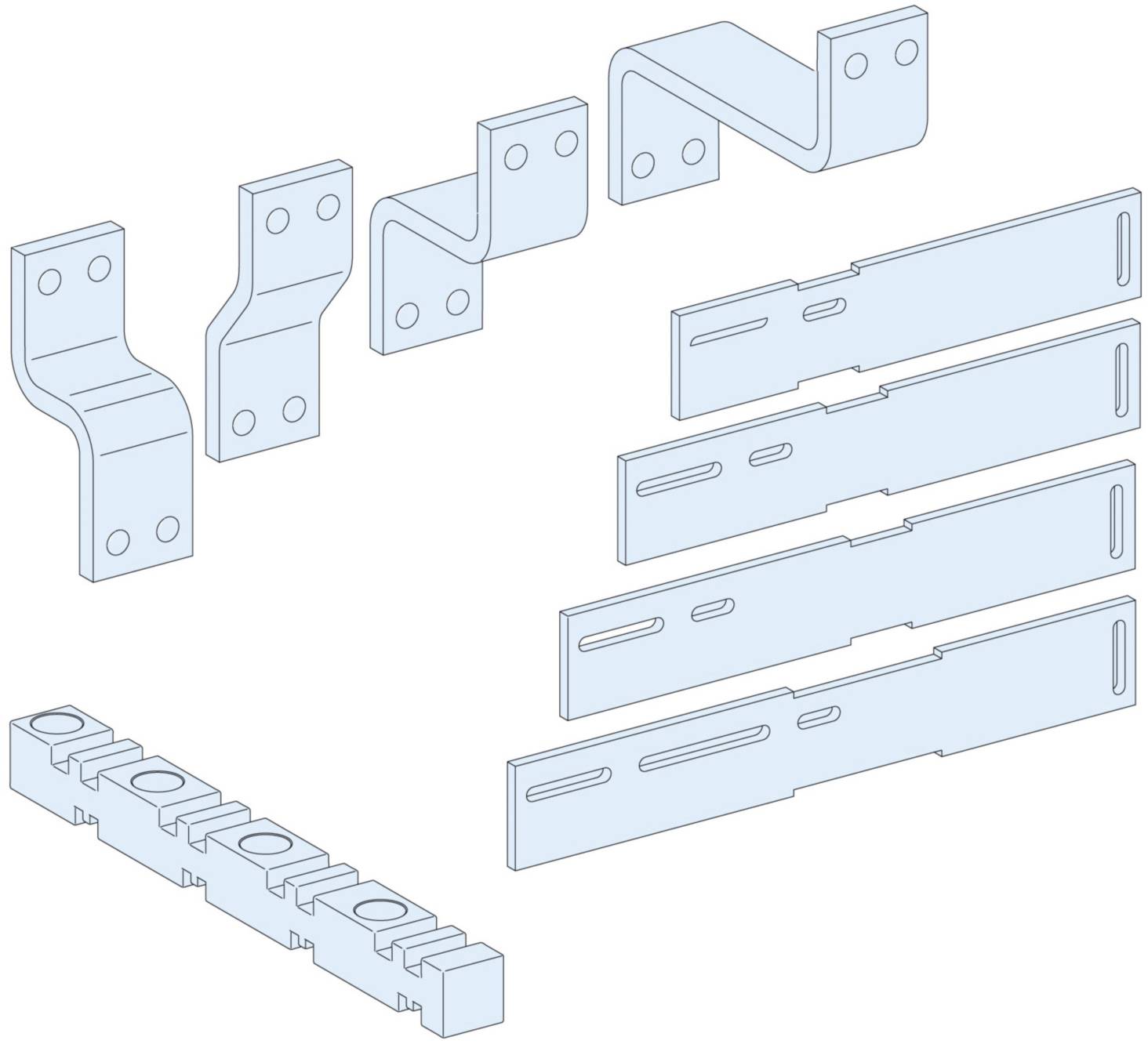 Isometrische Zeichnung von Metallverbindern und Trägerstücken. Zeigt verschiedene Formen, Größen und Befestigungsmöglichkeiten.