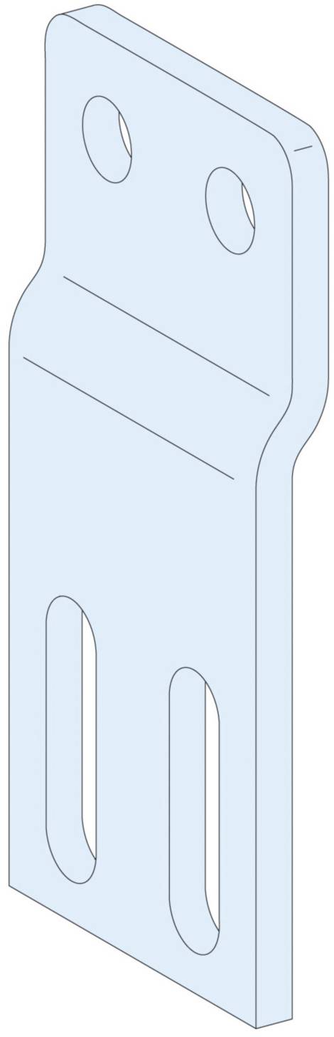 Eine blaue rechteckige Metallplatte mit zwei ovalen und zwei runden Löchern, vermutlich zur Befestigung oder Verbindung von Bauteilen.