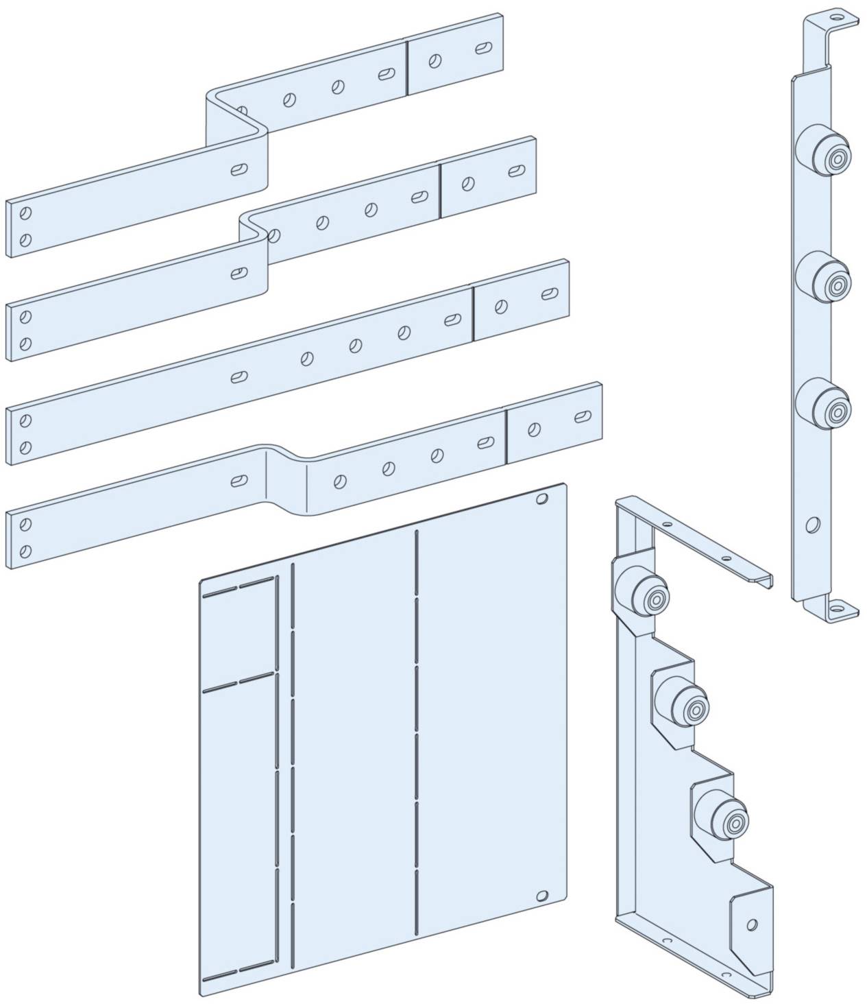 Bauteil-Zeichnung mehrerer Metallhalterungen und Platten. Links: Verschiedene flache Metallstreifen mit Löchern. Rechts: Halterungen mit zylindrischen Erhöhungen.
