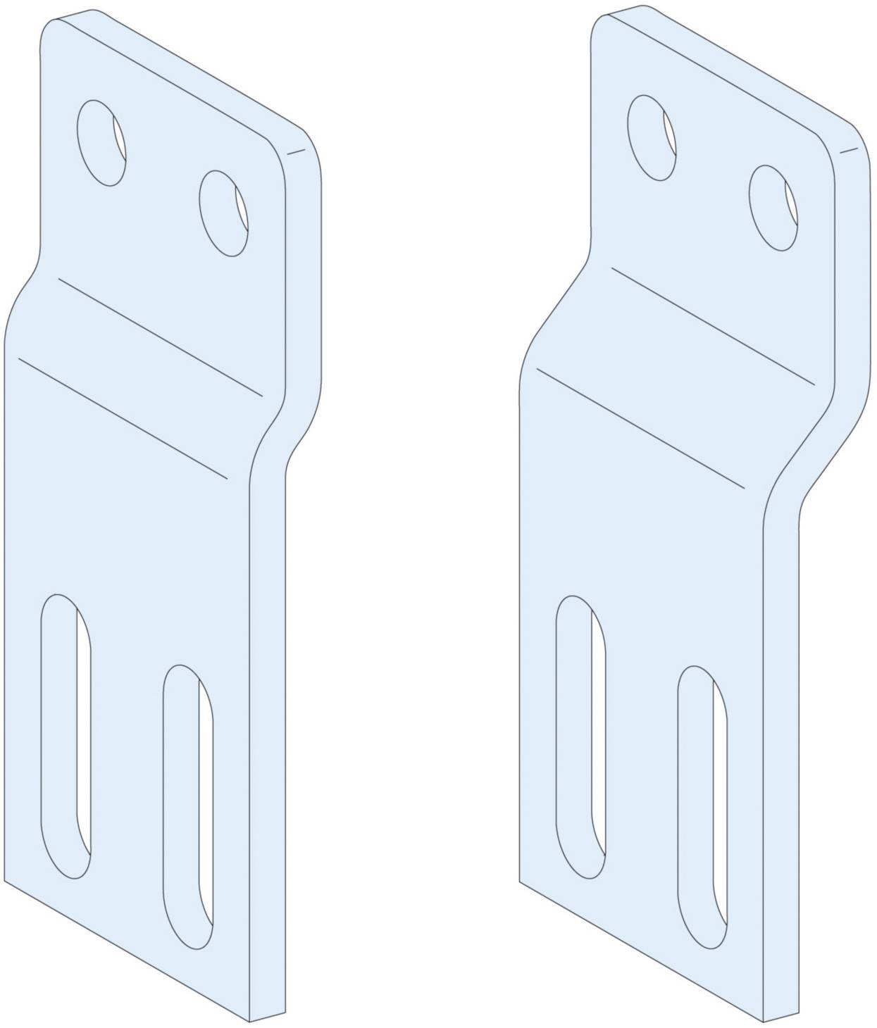 Zwei blaue, rechteckige Metallwinkel mit je zwei runden und zwei länglichen Befestigungslöchern, vertikal nebeneinander angeordnet.