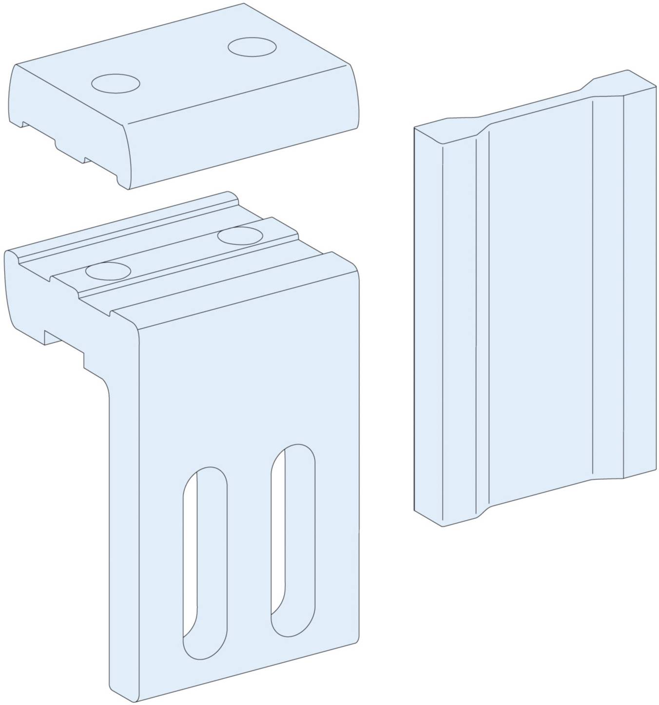 Explosionszeichnung eines mechanischen Bauteils mit drei separaten Teilen, die vertikal ausgerichtet sind.