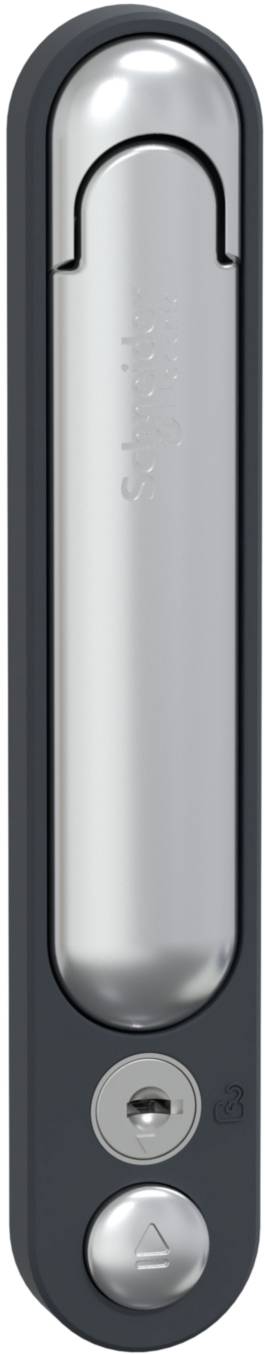 Graue und silberne Metalltürgriffleiste mit integriertem Schloss und Drücker am unteren Ende, geeignet für Schranktüren.