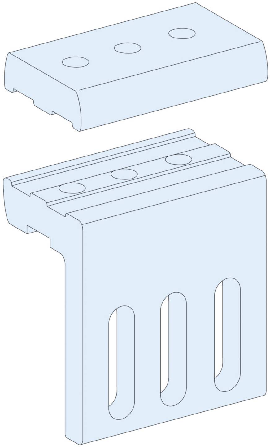 Zwei hellblaue, rechteckige Bauteile, oben mit drei Löchern, unten mit drei länglichen Aussparungen, schematisch dargestellt.
