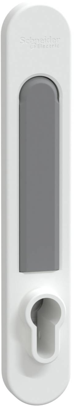 Ein langer, schmaler weißer Kunststoffgegenstand mit einem dunkelgrauen Mittelteil und einer ovalen Aussparung unten.