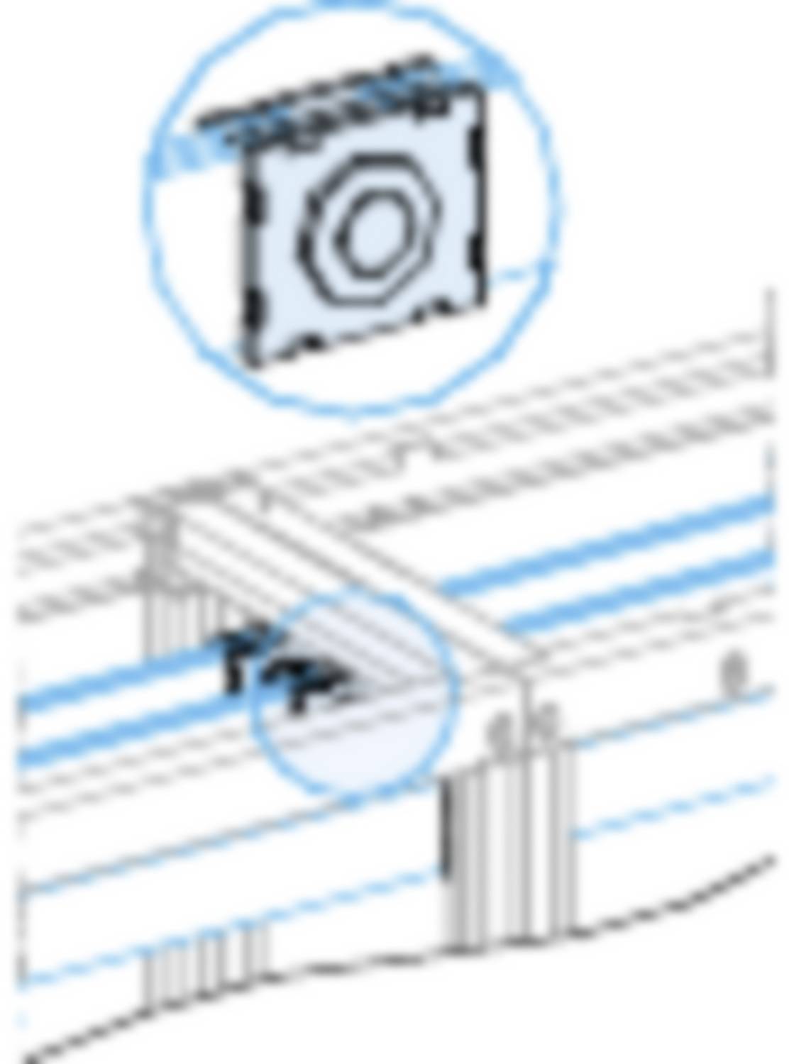 Technische Zeichnung eines Schienensystems mit eingezeichneten Befestigungspunkten. Ein Detail der Schraubenhalterung ist vergrößert dargestellt.