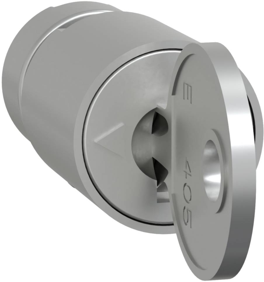 Ein silbernes Verbindungsstück mit einem runden Deckel, der teilweise geöffnet ist. Der Deckel hat die Aufschrift 'E 405'.