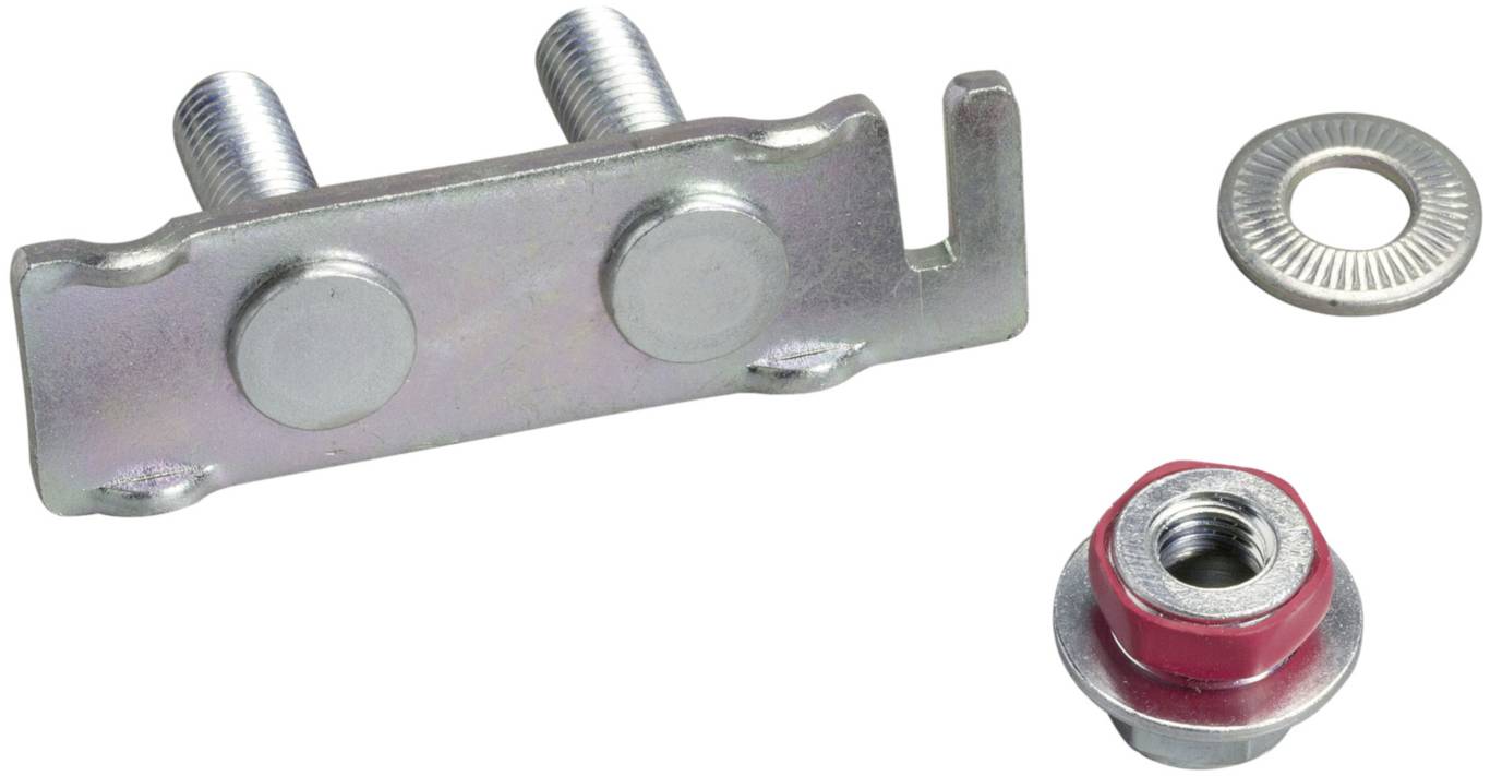 Metallbauteile bestehend aus einer Halterung mit zwei Schrauben, einer Unterlegscheibe und einer Mutter mit rotem Rand.