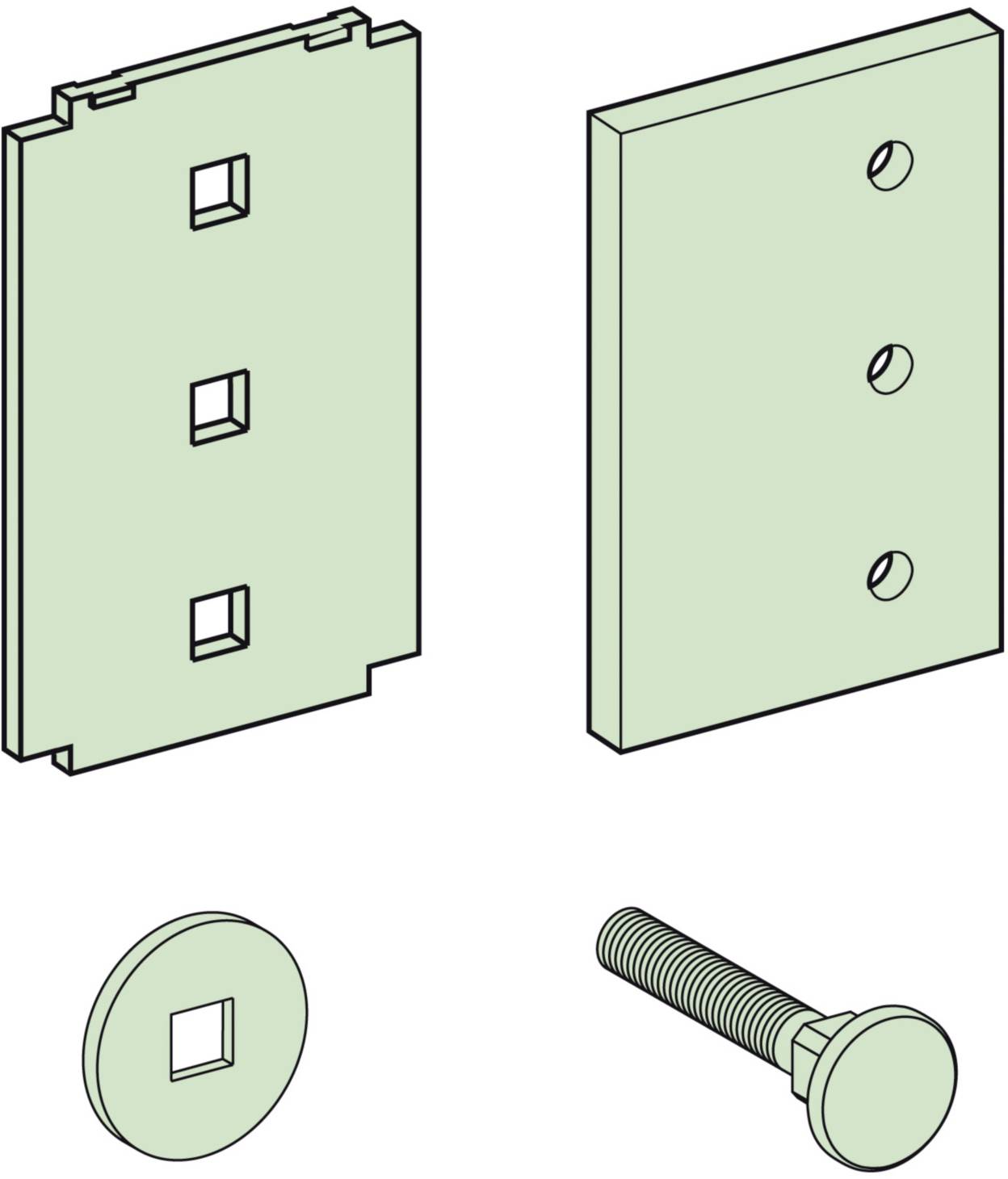 Technische Zeichnung von Befestigungselementen: Zwei rechteckige Platten mit Löchern, eine Schraube und eine quadratische Scheibe.