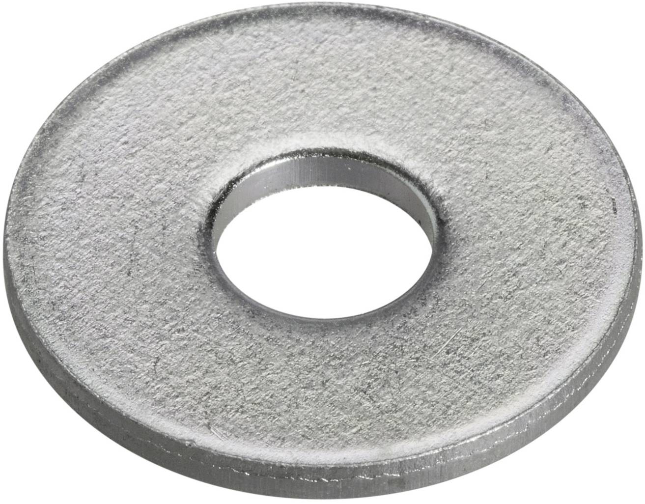 Eine silberne Metallscheibe mit einem Loch in der Mitte, vermutlich eine Unterlegscheibe, vor einem weißen Hintergrund.