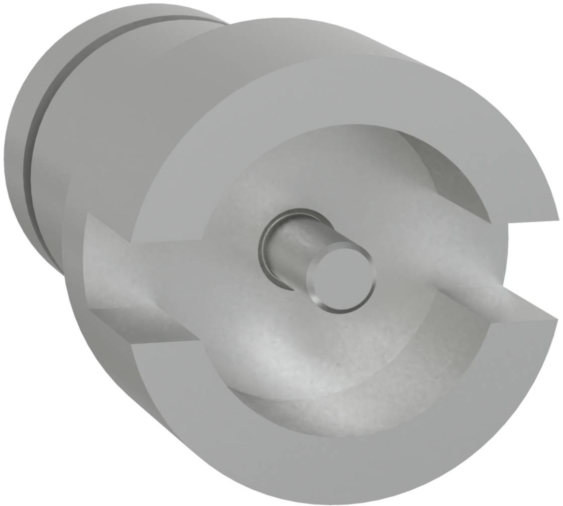 Ein graues, zylindrisches Maschinenteil mit einem zentralen Stift und mehreren kreisförmigen Schichten, möglicherweise ein technisches Bauteil.