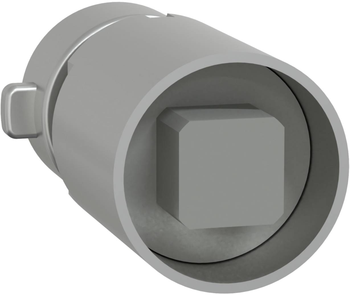 Metallischer Zylinder mit quadratischer Aussparung innen. Hauptsächlich silberfarben, dient wahrscheinlich als mechanisches Bauteil.
