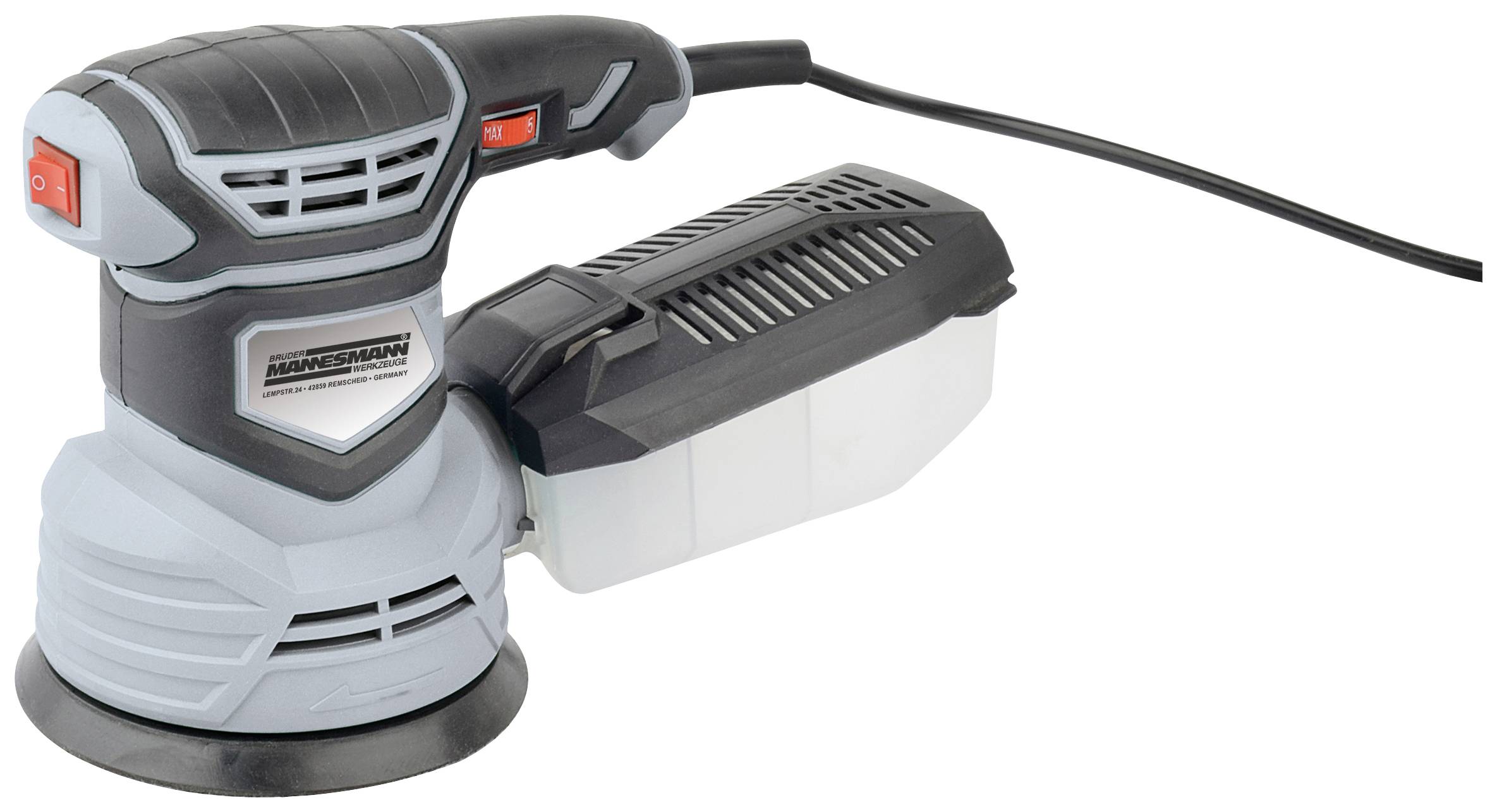 Elektrischer Exzenterschleifer mit ergonomischem Griff und Staubbehälter. Eignet sich zum Schleifen und Polieren von Oberflächen.